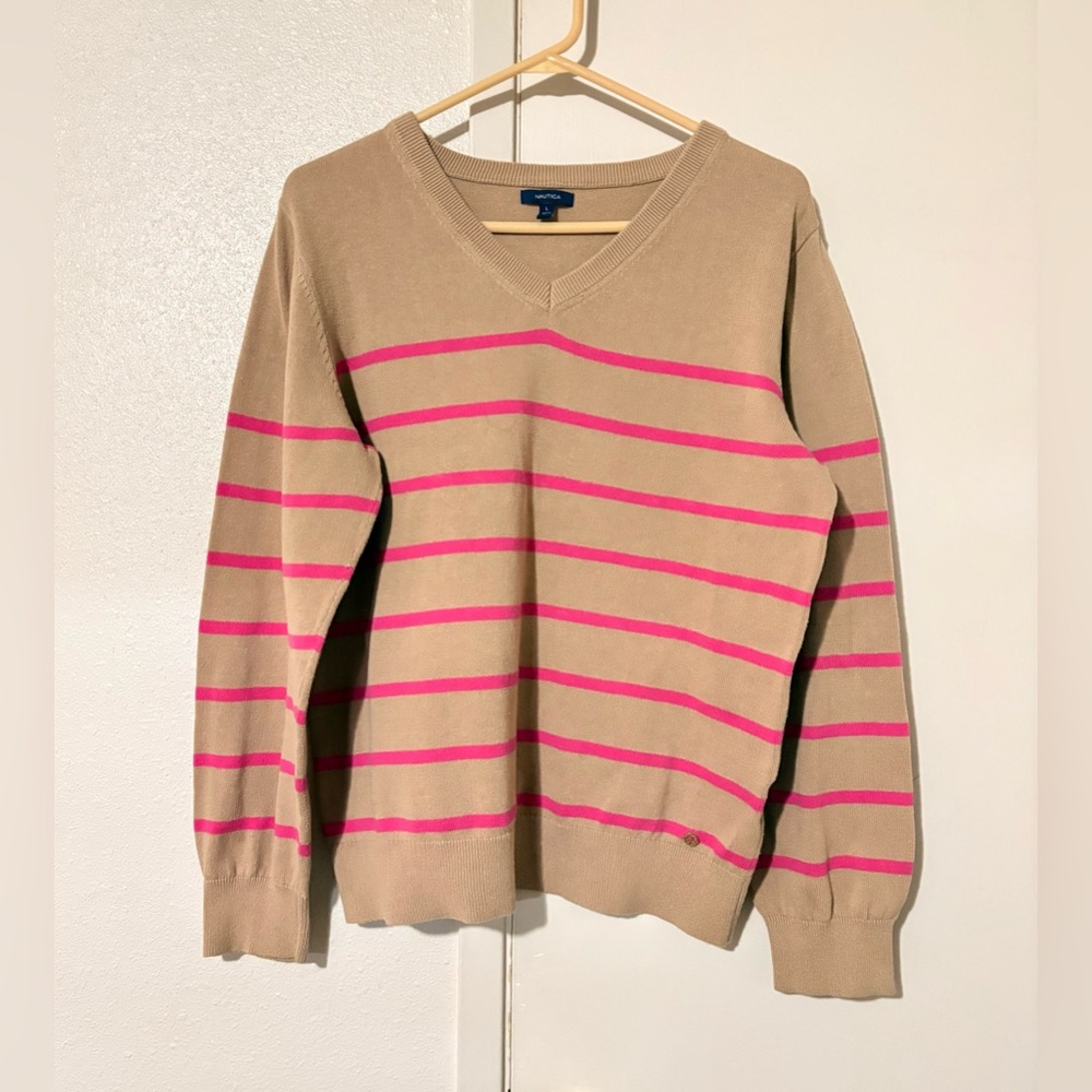 Woman’s Large Nautica Beige V-Neck Long Sleeve Sweater W/ Diagonal Pink Stripes